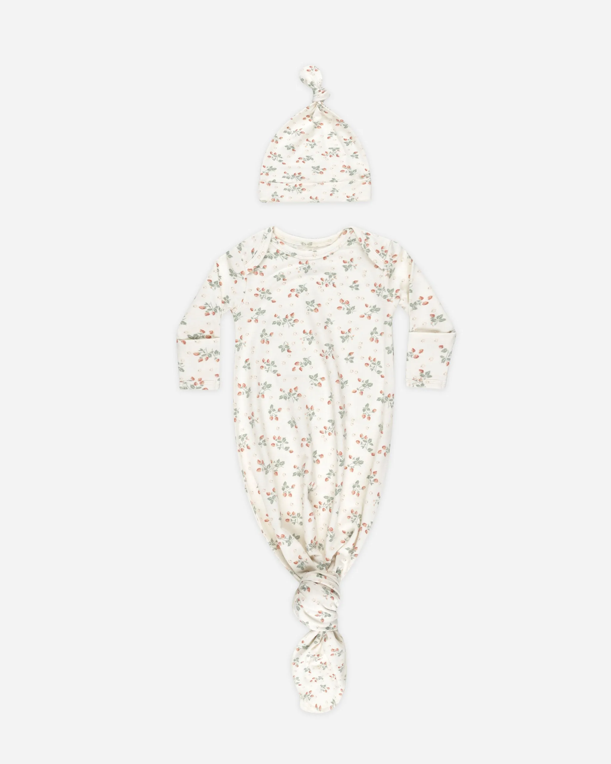 -Knotted Baby Gown   Hat Set || Strawberries-