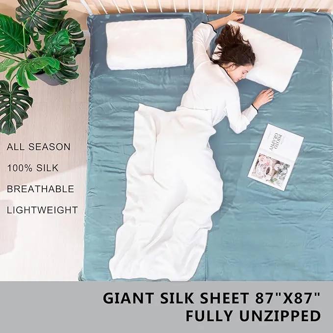 100% Silk Sleep Sack with All Around Zippers, 87”x43” Large Sleeping Sheets for Hotels, Travel & Camping, Multifunctional Travel Sheets (Unzipped:87”x87”) for Adults, Lightweight, All Season