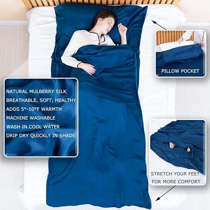100% Silk Sleep Sack with All Around Zippers, 87”x43” Large Sleeping Sheets for Hotels, Travel & Camping, Multifunctional Travel Sheets (Unzipped:87”x87”) for Adults, Lightweight, All Season