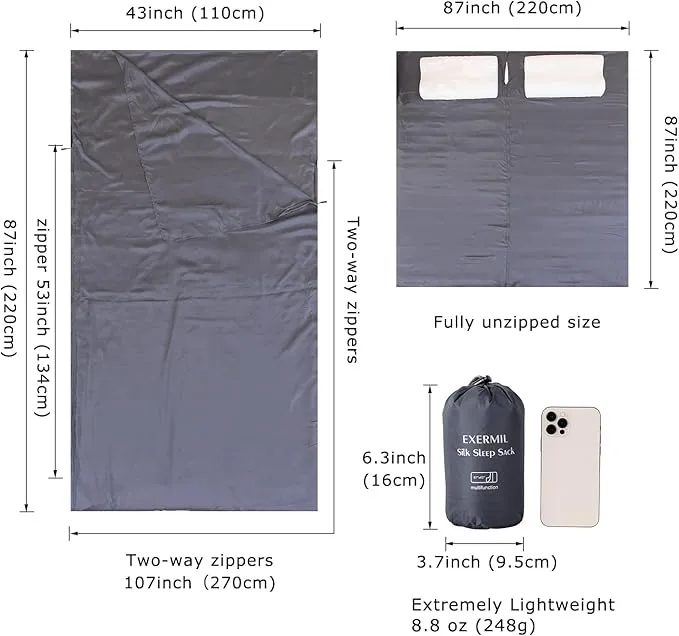 100% Silk Sleep Sack with All Around Zippers, 87”x43” Large Sleeping Sheets for Hotels, Travel & Camping, Multifunctional Travel Sheets (Unzipped:87”x87”) for Adults, Lightweight, All Season