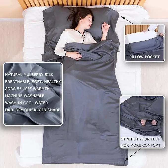 100% Silk Sleep Sack with All Around Zippers, 87”x43” Large Sleeping Sheets for Hotels, Travel & Camping, Multifunctional Travel Sheets (Unzipped:87”x87”) for Adults, Lightweight, All Season