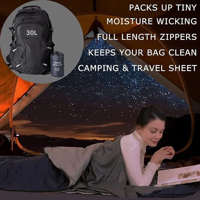 100% Silk Sleep Sack with All Around Zippers, 87”x43” Large Sleeping Sheets for Hotels, Travel & Camping, Multifunctional Travel Sheets (Unzipped:87”x87”) for Adults, Lightweight, All Season