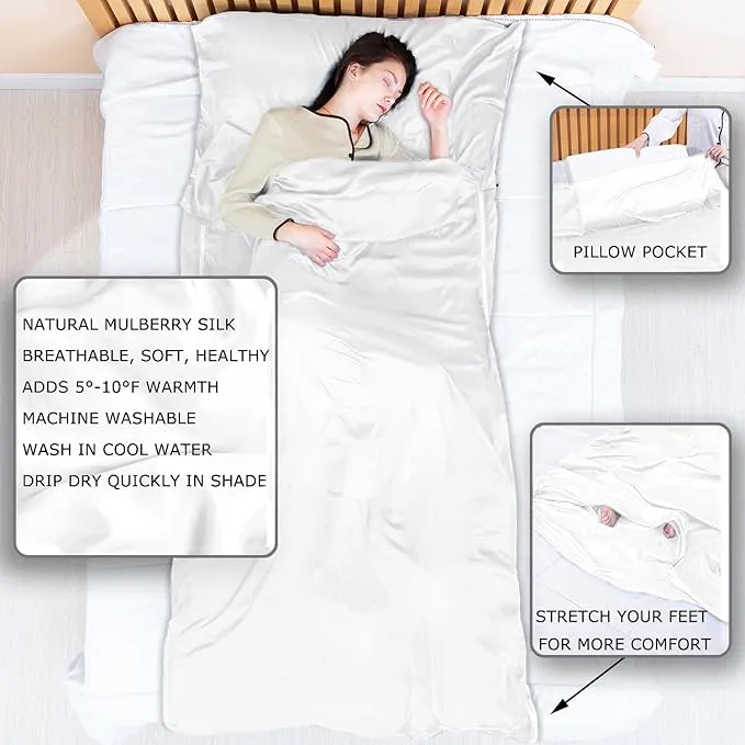 100% Silk Sleep Sack with All Around Zippers, 87”x43” Large Sleeping Sheets for Hotels, Travel & Camping, Multifunctional Travel Sheets (Unzipped:87”x87”) for Adults, Lightweight, All Season