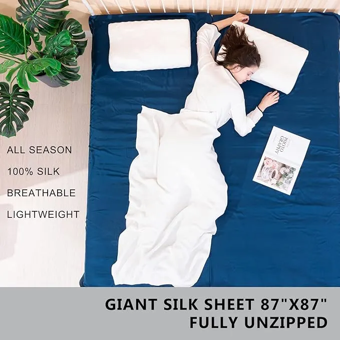 100% Silk Sleep Sack with All Around Zippers, 87”x43” Large Sleeping Sheets for Hotels, Travel & Camping, Multifunctional Travel Sheets (Unzipped:87”x87”) for Adults, Lightweight, All Season