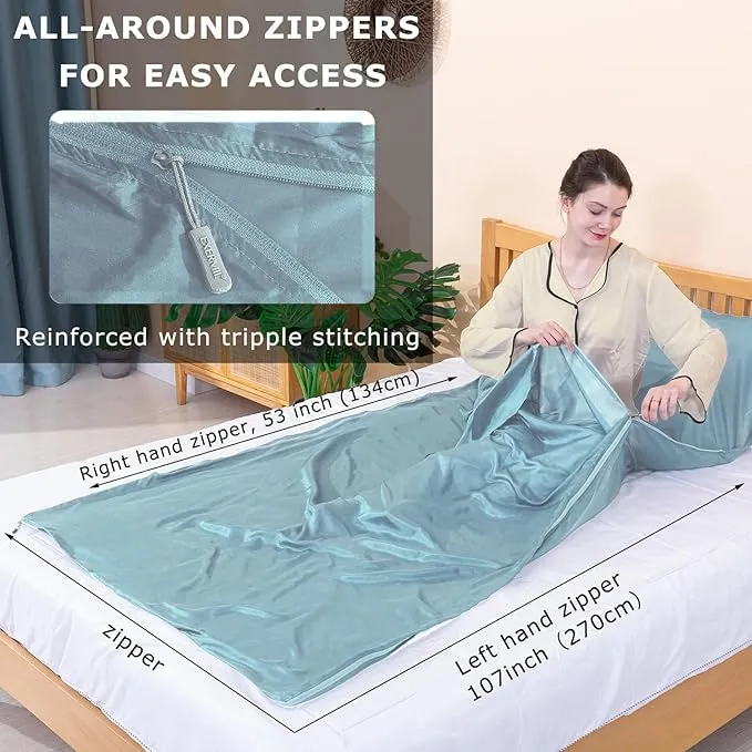 100% Silk Sleep Sack with All Around Zippers, 87”x43” Large Sleeping Sheets for Hotels, Travel & Camping, Multifunctional Travel Sheets (Unzipped:87”x87”) for Adults, Lightweight, All Season