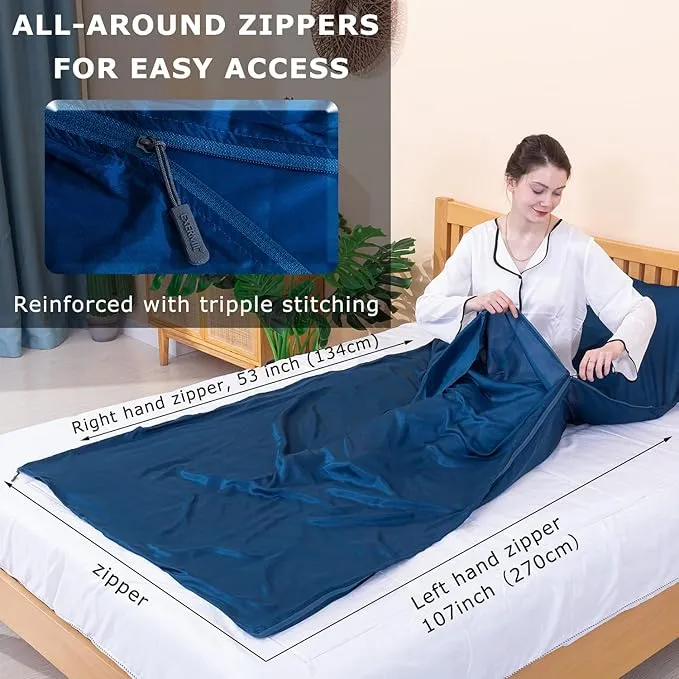100% Silk Sleep Sack with All Around Zippers, 87”x43” Large Sleeping Sheets for Hotels, Travel & Camping, Multifunctional Travel Sheets (Unzipped:87”x87”) for Adults, Lightweight, All Season