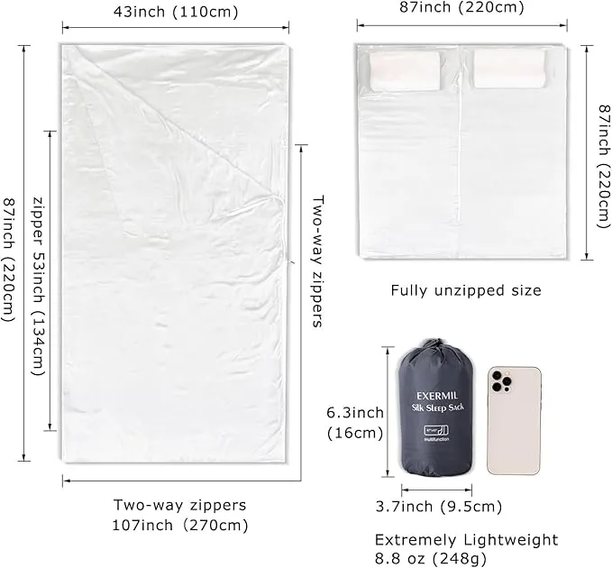100% Silk Sleep Sack with All Around Zippers, 87”x43” Large Sleeping Sheets for Hotels, Travel & Camping, Multifunctional Travel Sheets (Unzipped:87”x87”) for Adults, Lightweight, All Season