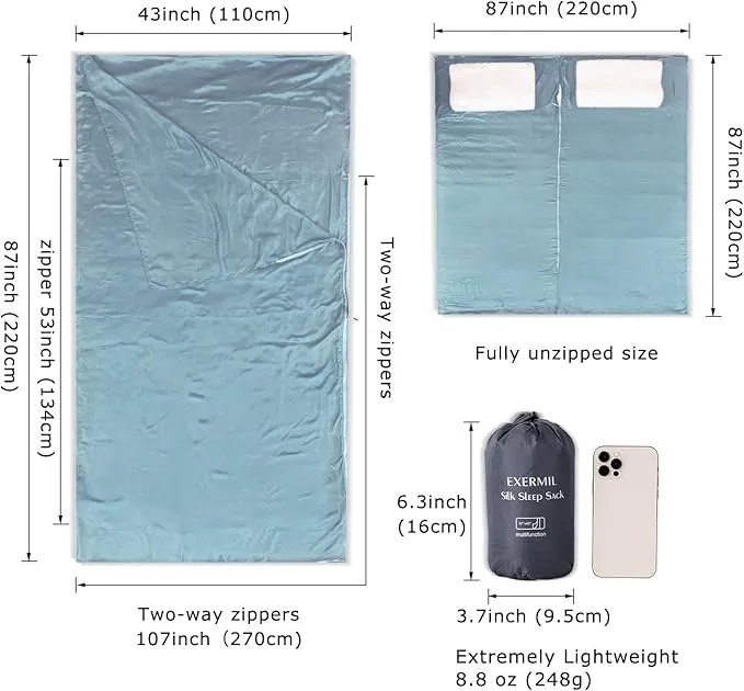 100% Silk Sleep Sack with All Around Zippers, 87”x43” Large Sleeping Sheets for Hotels, Travel & Camping, Multifunctional Travel Sheets (Unzipped:87”x87”) for Adults, Lightweight, All Season