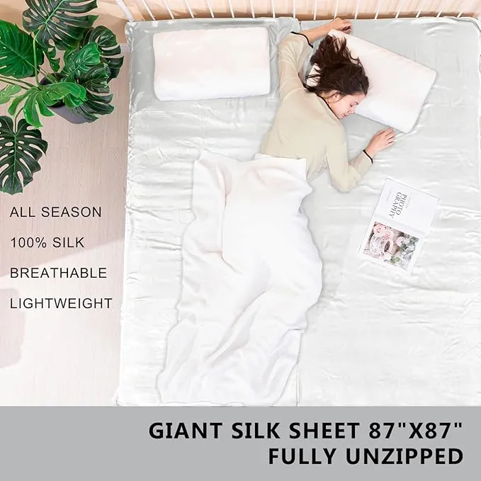 100% Silk Sleep Sack with All Around Zippers, 87”x43” Large Sleeping Sheets for Hotels, Travel & Camping, Multifunctional Travel Sheets (Unzipped:87”x87”) for Adults, Lightweight, All Season