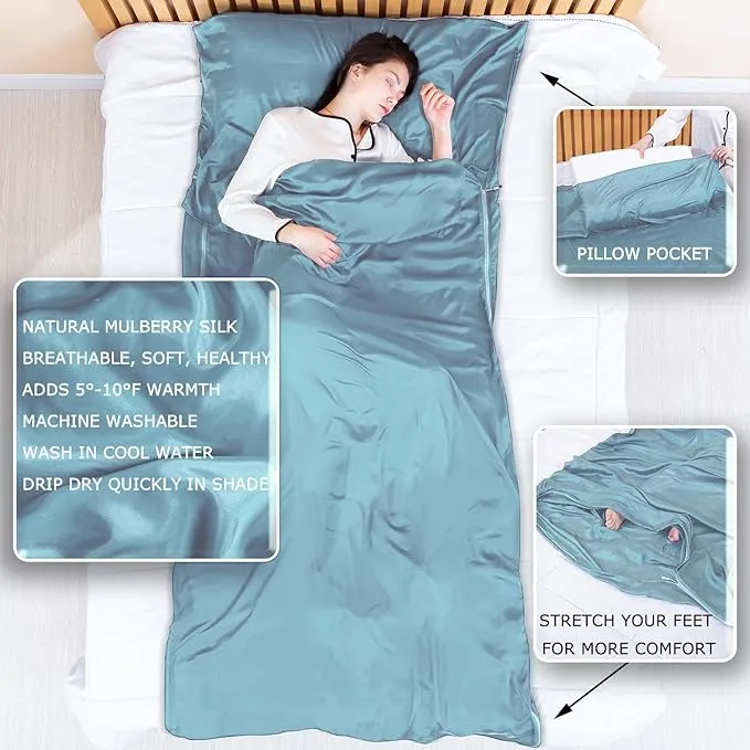 100% Silk Sleep Sack with All Around Zippers, 87”x43” Large Sleeping Sheets for Hotels, Travel & Camping, Multifunctional Travel Sheets (Unzipped:87”x87”) for Adults, Lightweight, All Season