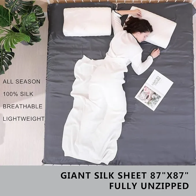 100% Silk Sleep Sack with All Around Zippers, 87”x43” Large Sleeping Sheets for Hotels, Travel & Camping, Multifunctional Travel Sheets (Unzipped:87”x87”) for Adults, Lightweight, All Season