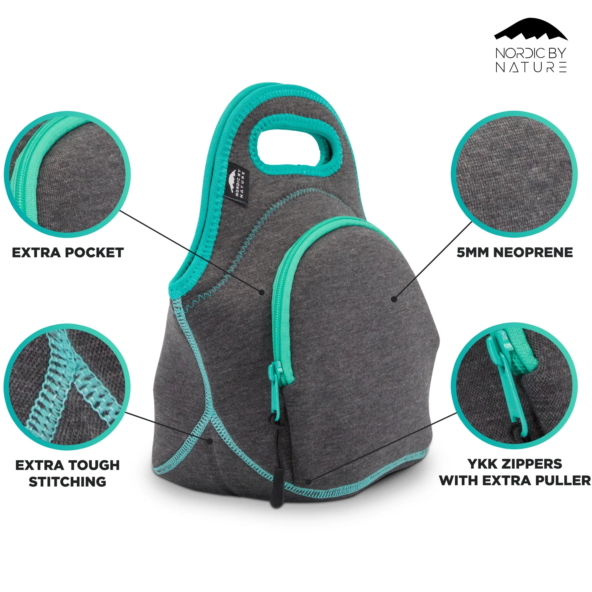 12" Cotton Reusable Lunch Bag Dark Gray/Lagoon