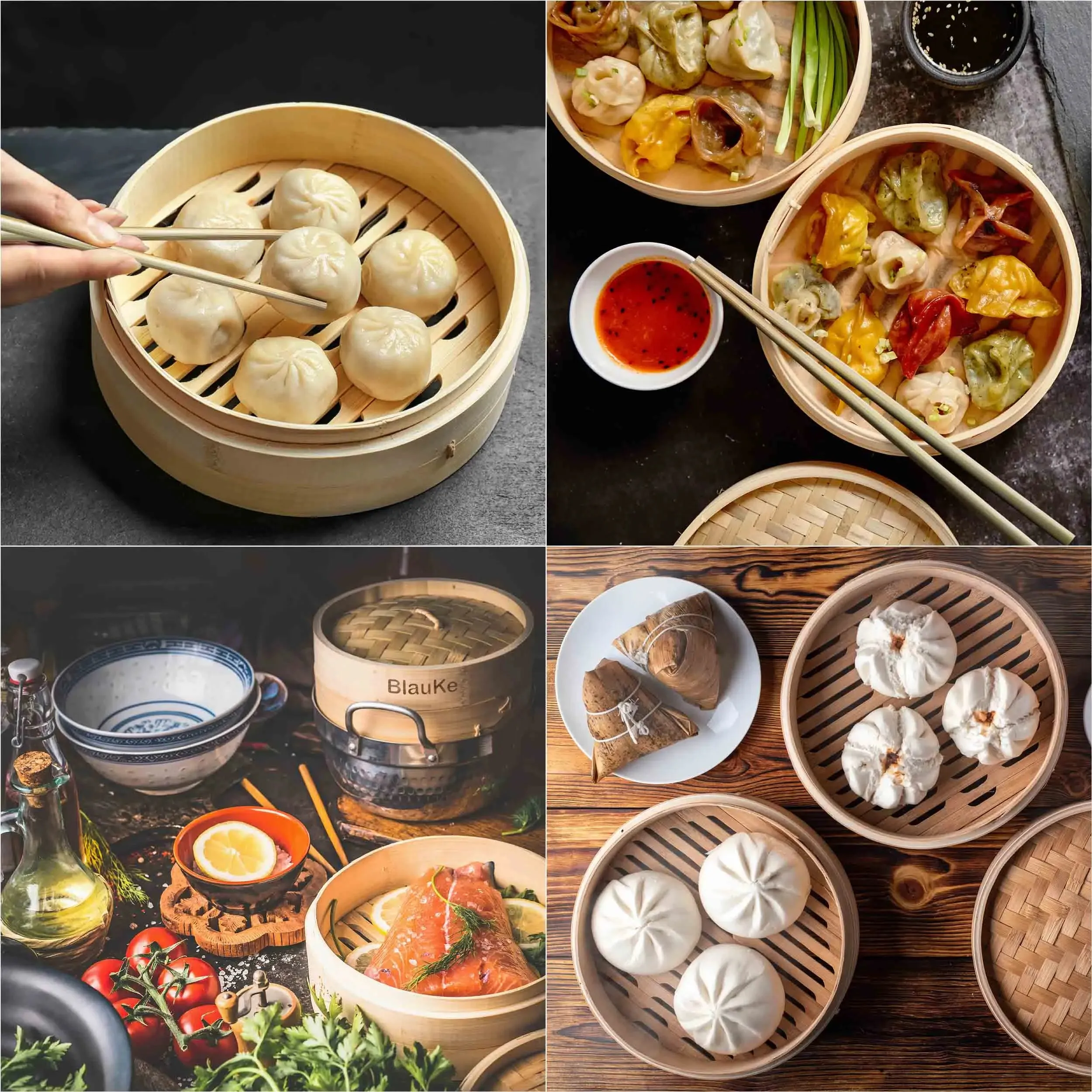 2-Tier Bamboo Steamer  Basket 10 Inch with 2 Pairs Chopsticks, Tongs and 50 Paper Liners