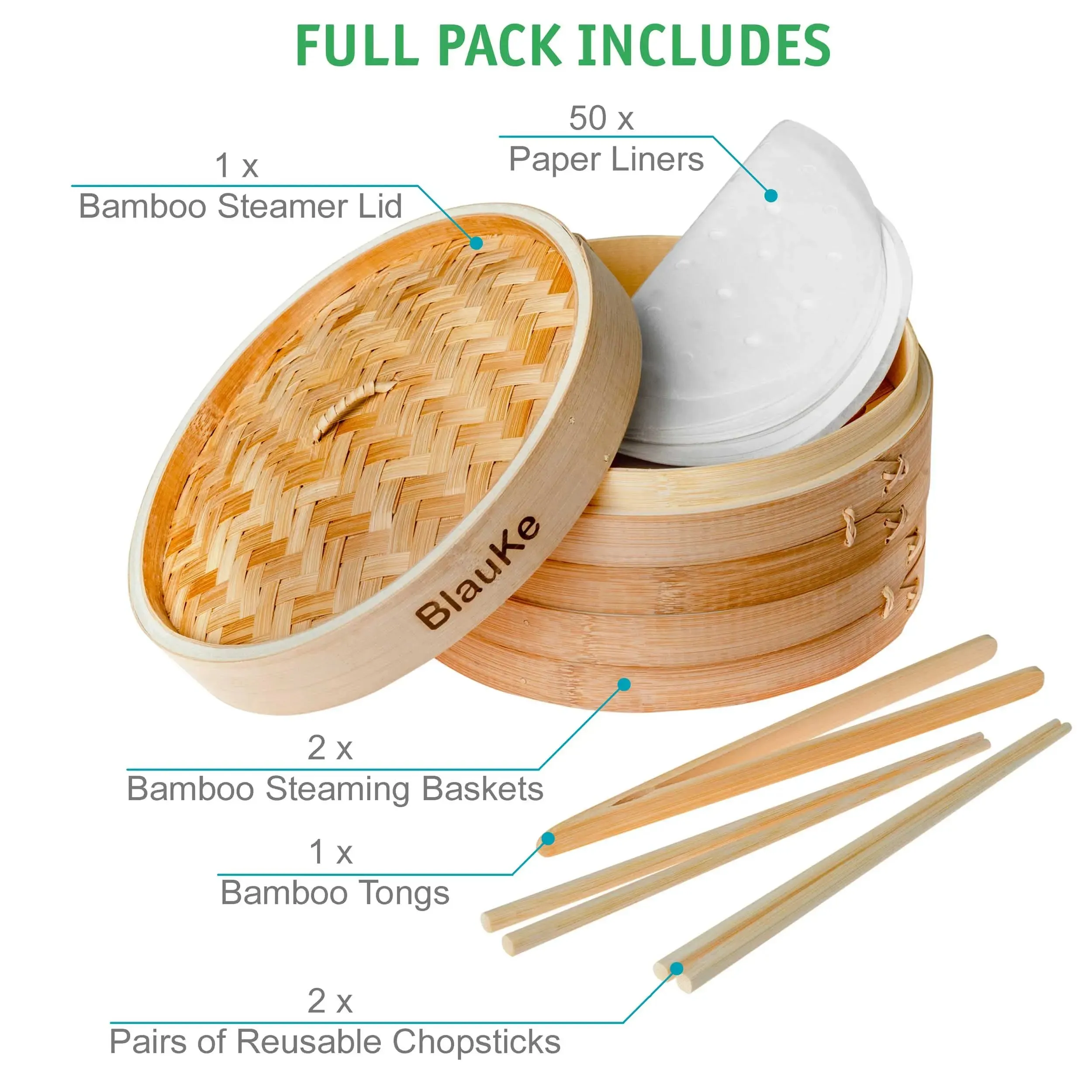 2-Tier Bamboo Steamer  Basket 10 Inch with 2 Pairs Chopsticks, Tongs and 50 Paper Liners
