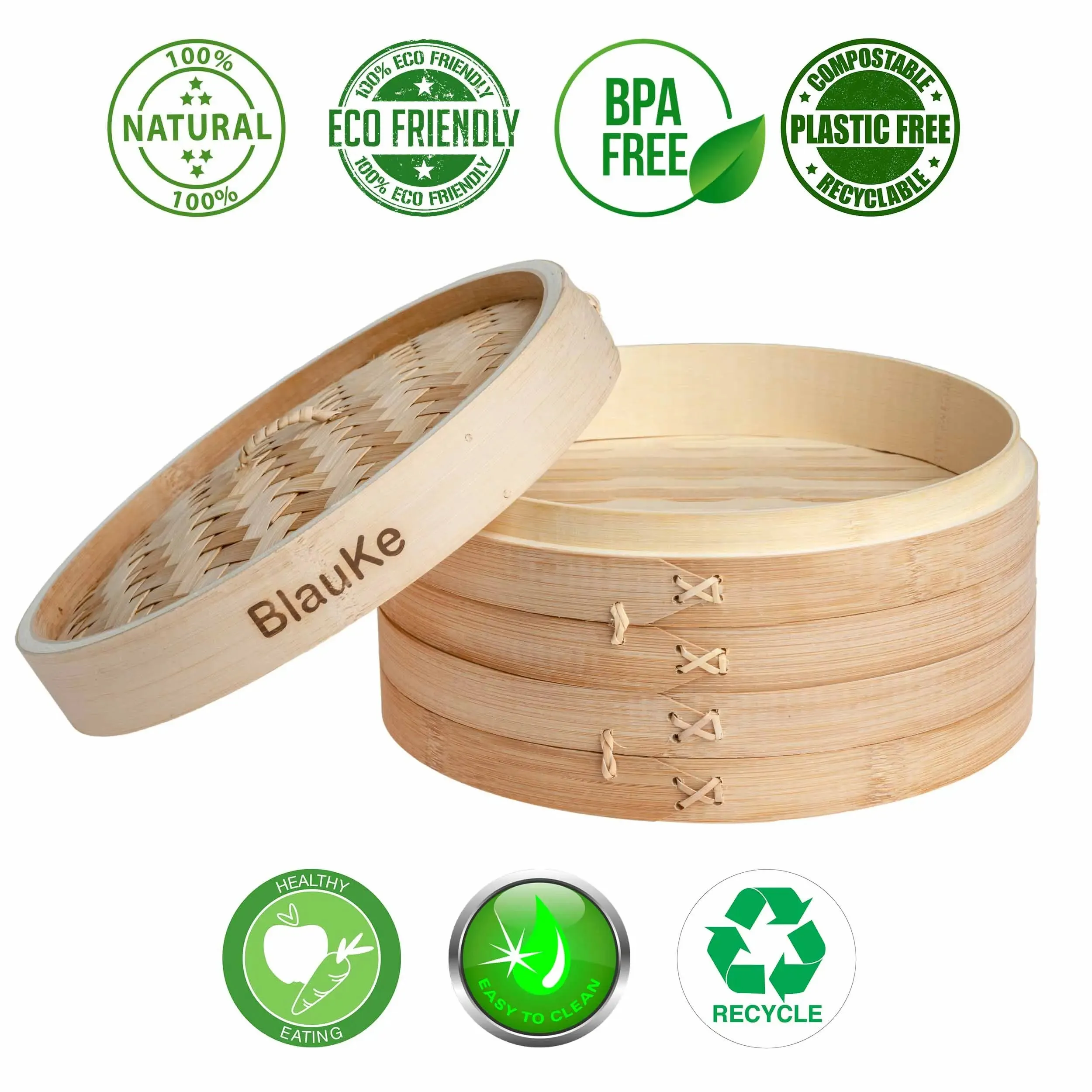 2-Tier Bamboo Steamer  Basket 10 Inch with 2 Pairs Chopsticks, Tongs and 50 Paper Liners