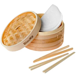 2-Tier Bamboo Steamer  Basket 10 Inch with 2 Pairs Chopsticks, Tongs and 50 Paper Liners