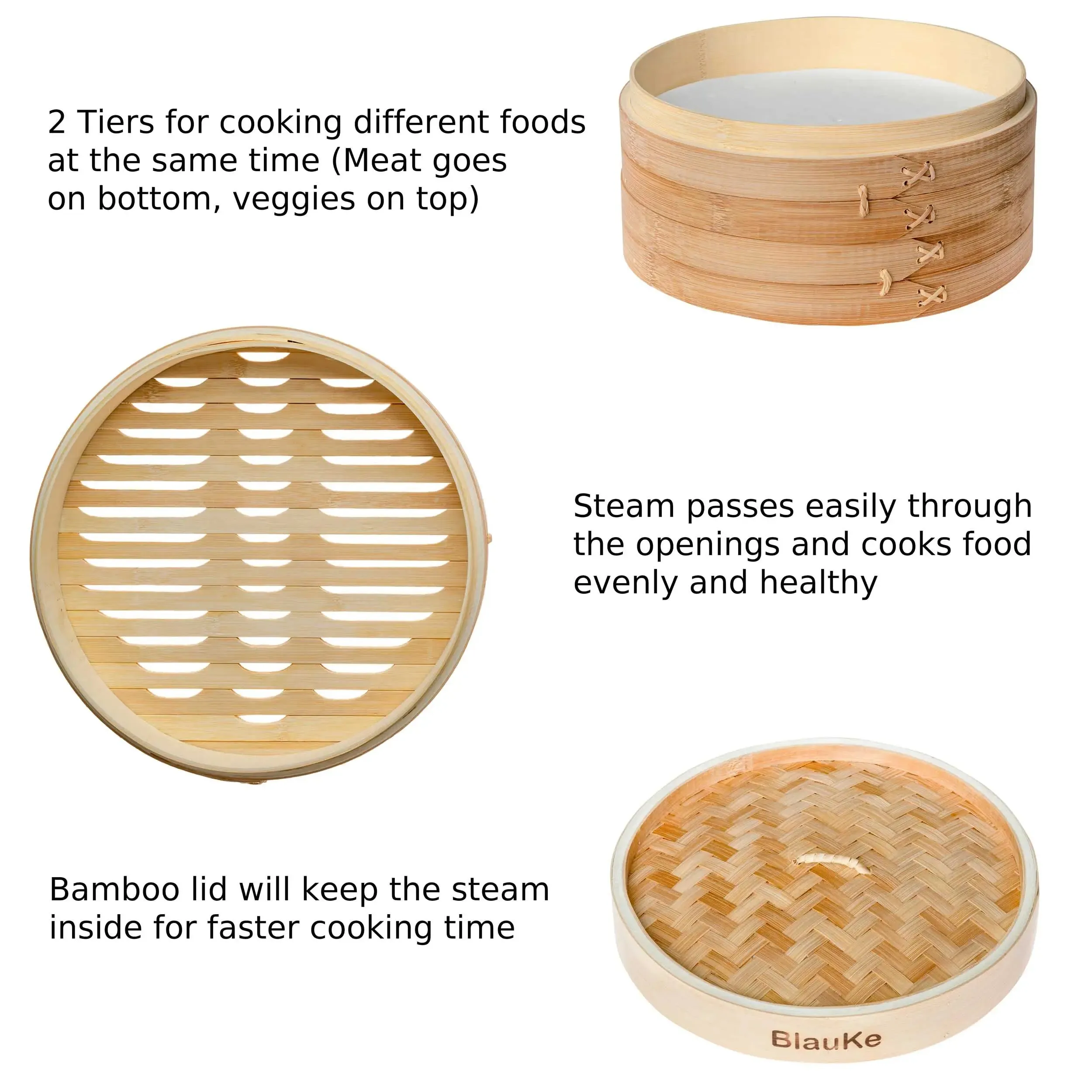 2-Tier Bamboo Steamer  Basket 10 Inch with 2 Pairs Chopsticks, Tongs and 50 Paper Liners