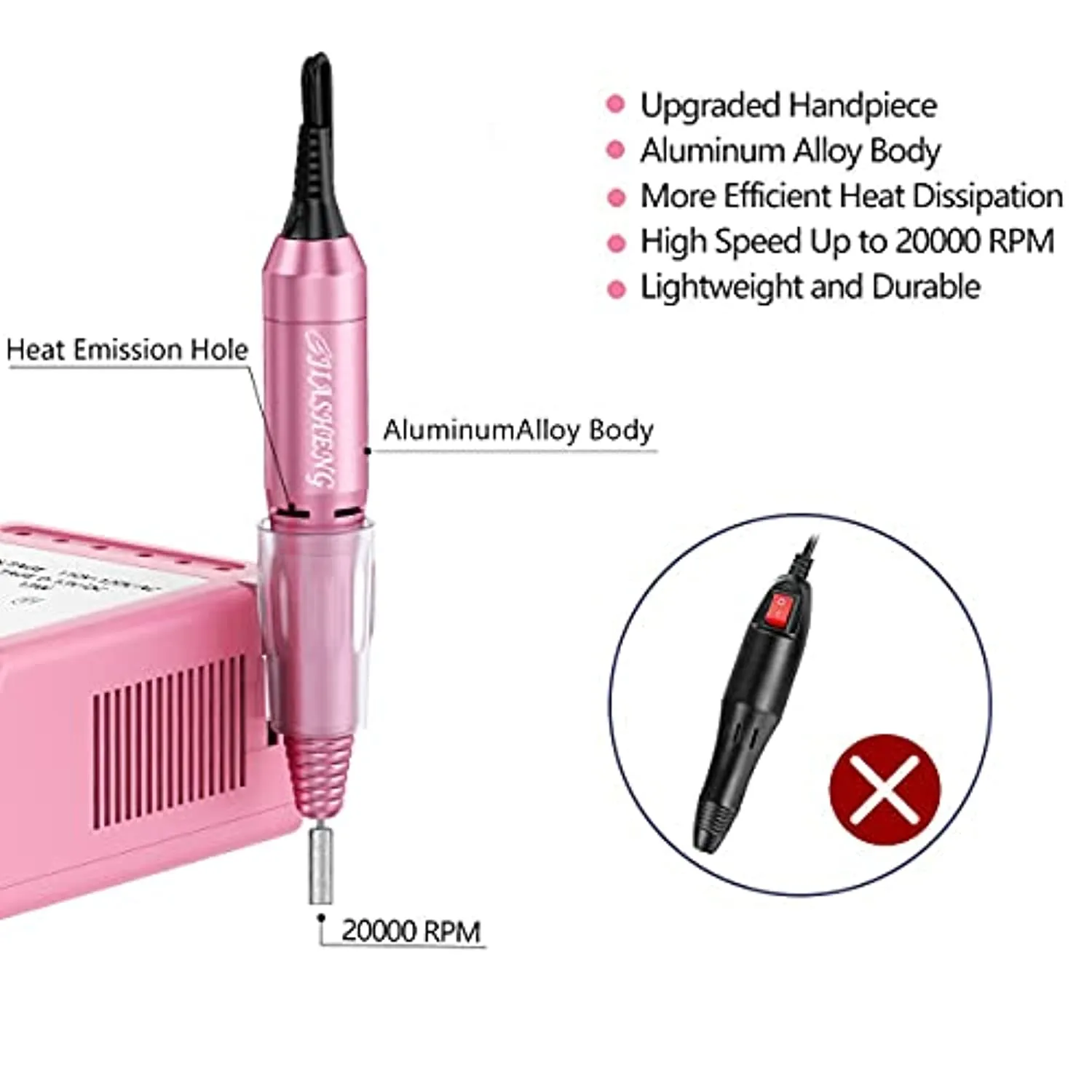 20000 Electric Nail Drill Professional Nail File Drill Acrylic Nails Kit for Manicure Gel Nail Polish Remover with 1 Pack of Sanding Bands(Pink)