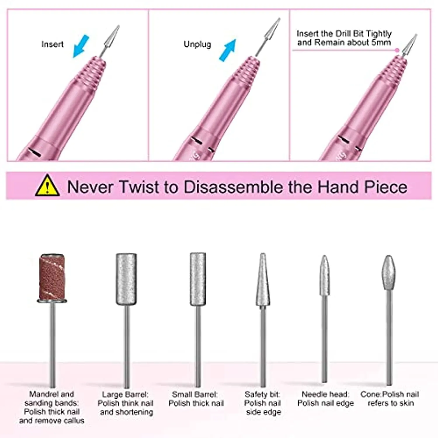 20000 Electric Nail Drill Professional Nail File Drill Acrylic Nails Kit for Manicure Gel Nail Polish Remover with 1 Pack of Sanding Bands(Pink)
