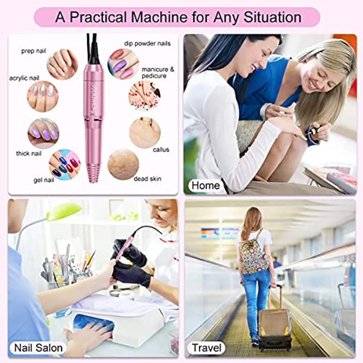 20000 Electric Nail Drill Professional Nail File Drill Acrylic Nails Kit for Manicure Gel Nail Polish Remover with 1 Pack of Sanding Bands(Pink)