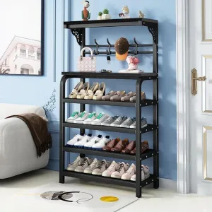 4-Tier Metal Shoe Rack with Hooks, Multifunctional Freestanding Organizer for Shoes, Bags, Hats & Scarves