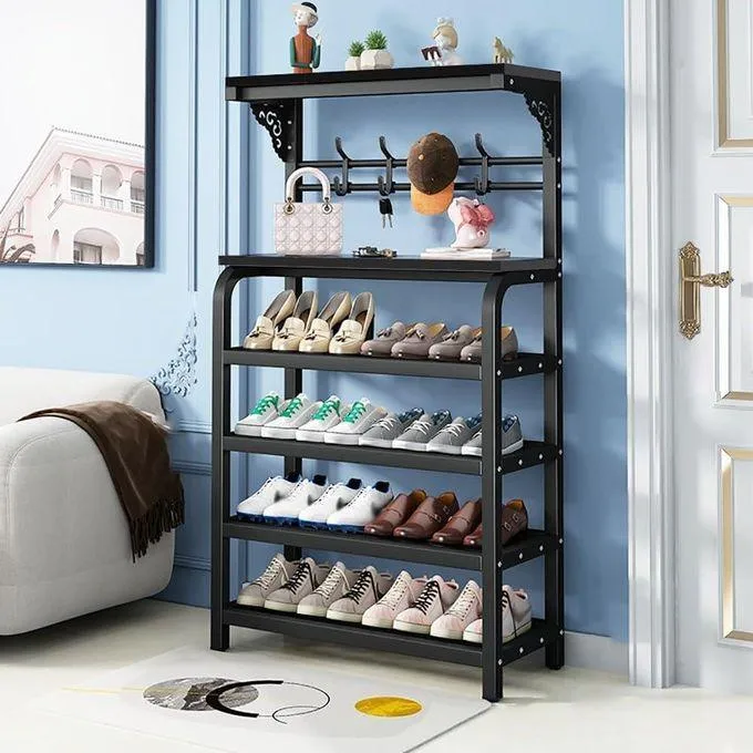 4-Tier Metal Shoe Rack with Hooks, Multifunctional Freestanding Organizer for Shoes, Bags, Hats & Scarves