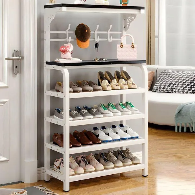 4-Tier Metal Shoe Rack with Hooks, Multifunctional Freestanding Organizer for Shoes, Bags, Hats & Scarves
