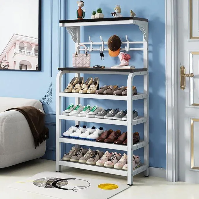 4-Tier Metal Shoe Rack with Hooks, Multifunctional Freestanding Organizer for Shoes, Bags, Hats & Scarves