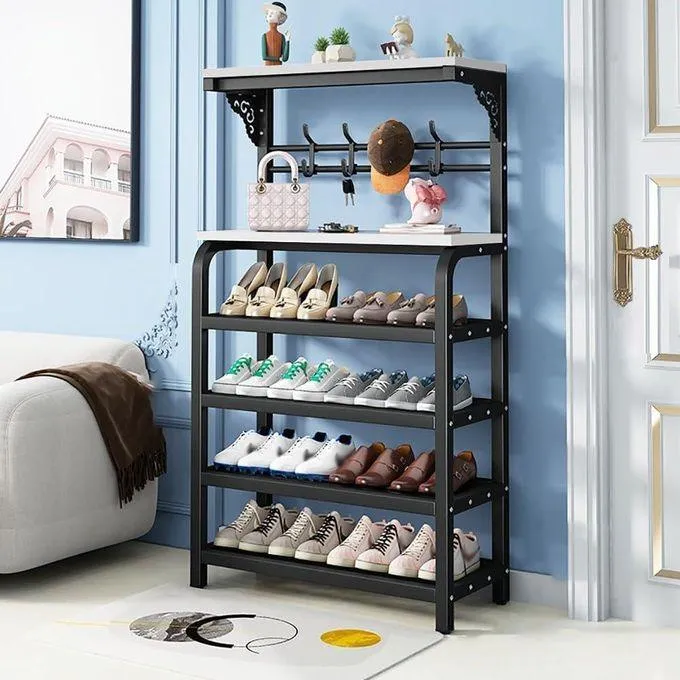 4-Tier Metal Shoe Rack with Hooks, Multifunctional Freestanding Organizer for Shoes, Bags, Hats & Scarves