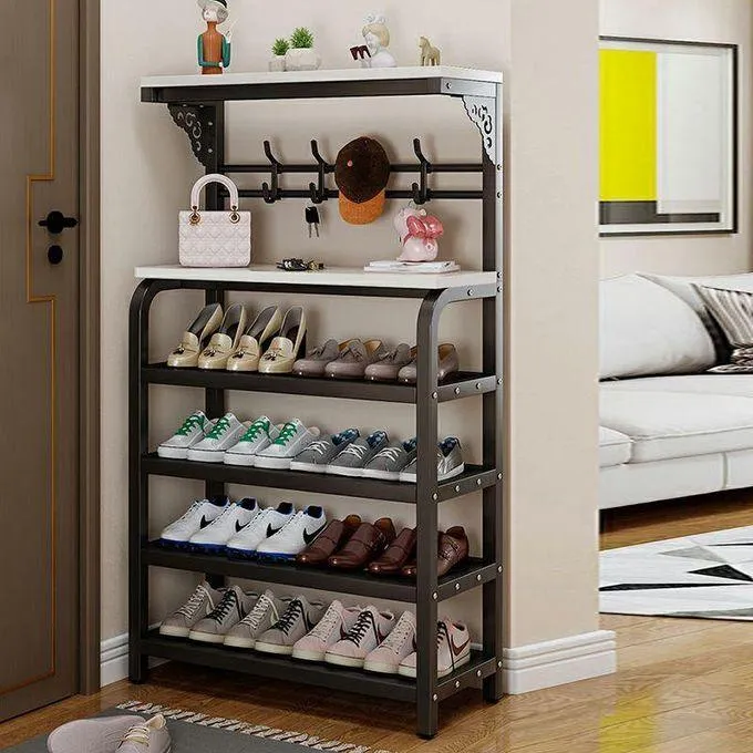 4-Tier Metal Shoe Rack with Hooks, Multifunctional Freestanding Organizer for Shoes, Bags, Hats & Scarves