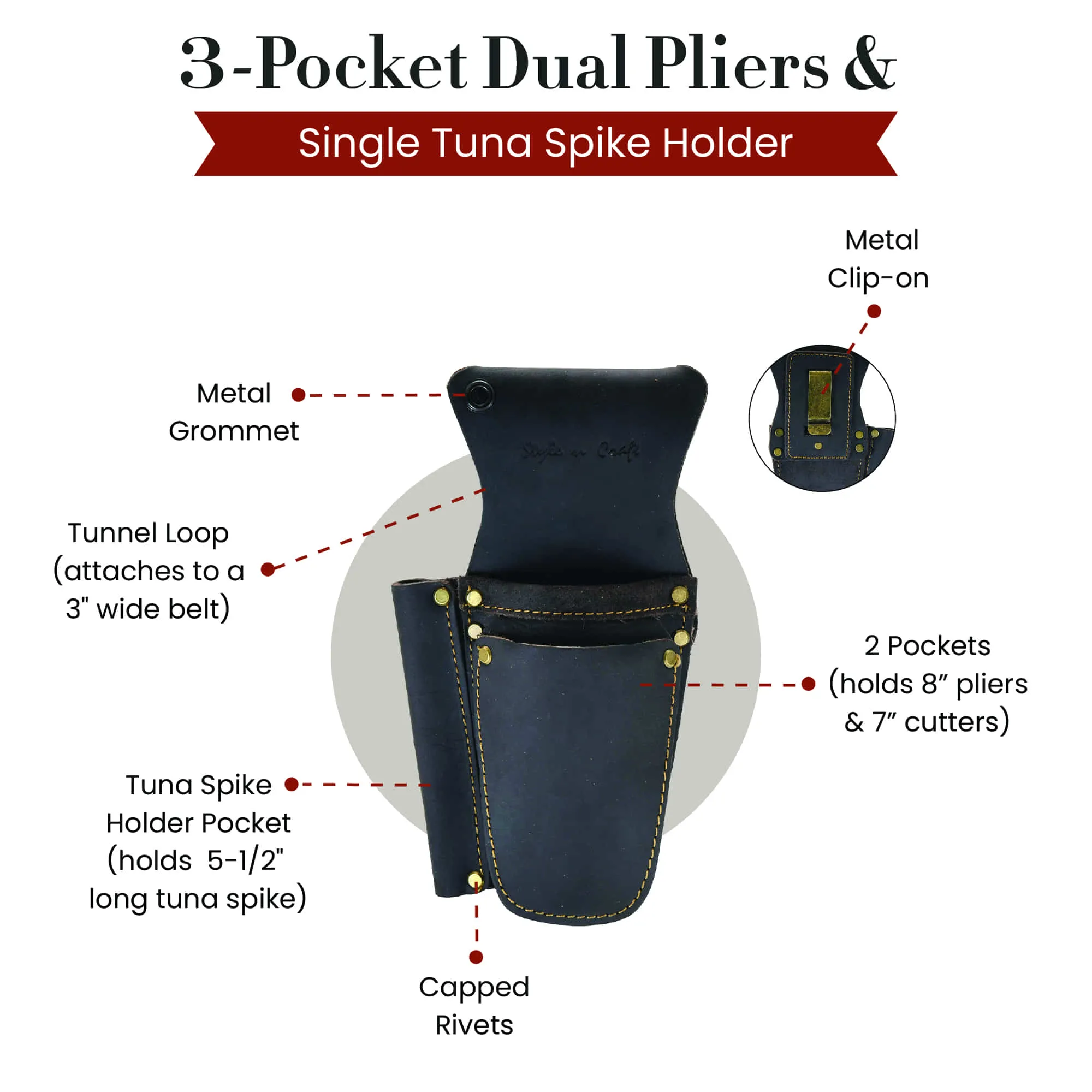70012 - 3 Pocket Dual Pliers & Single Tuna Spike Holder in Oiled Full Grain Leather | Style n Craft