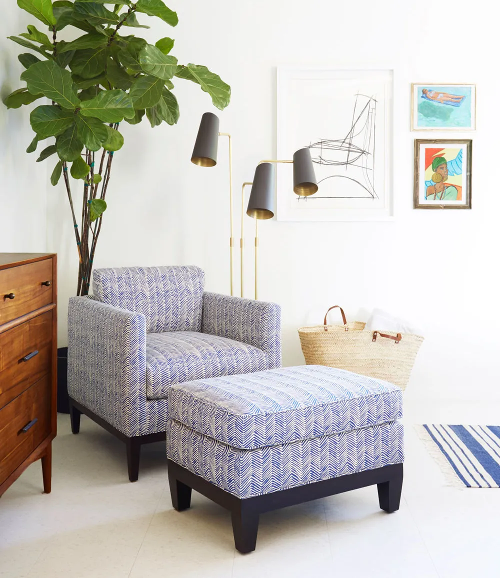 Alan Campbell Fabric: Petite Zig Zag - Custom Pacific Blue on White Belgian Linen / Cotton