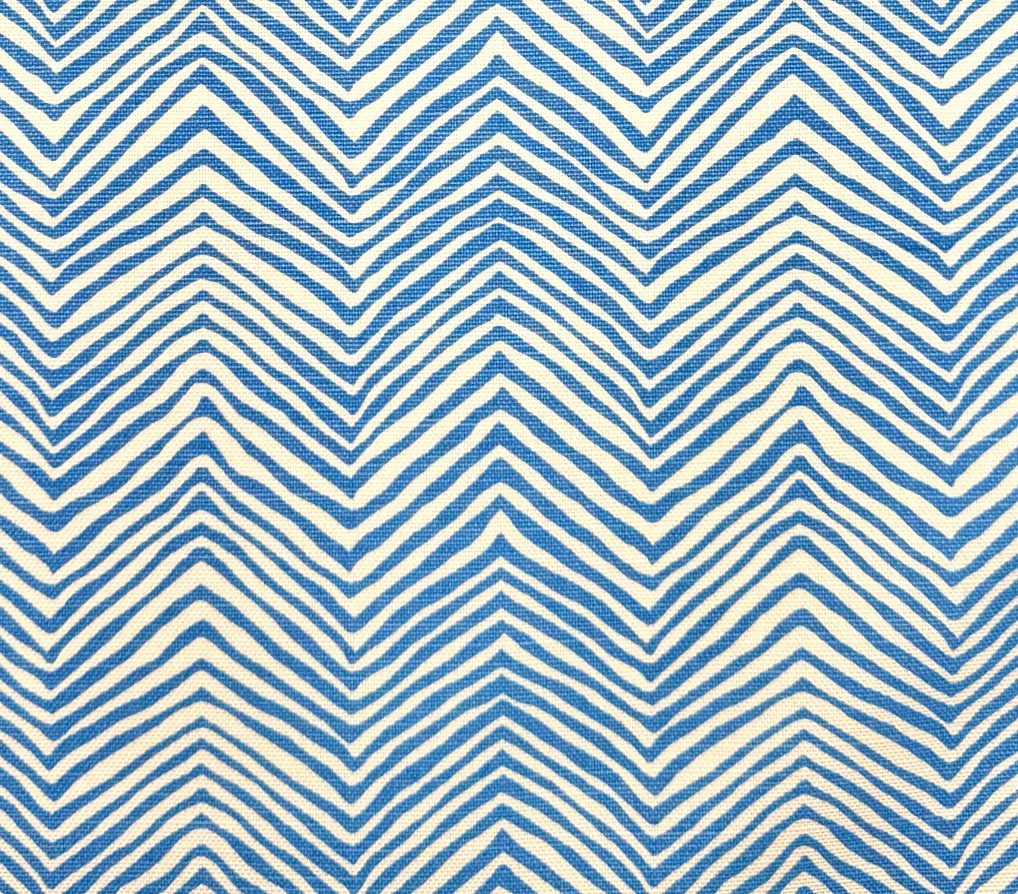 Alan Campbell Fabric: Petite Zig Zag - Custom Pacific Blue on White Belgian Linen / Cotton