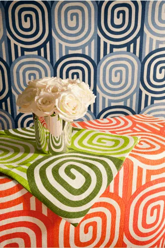 Alan Campbell Fabric: Wavelength - Custom Light Orange / Lavender on Belgian Linen / Cotton