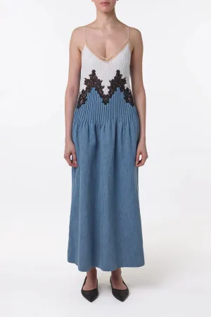 Althea Lace Slip Maxi Dress in Light Blue Recycled Cotton Linen Denim