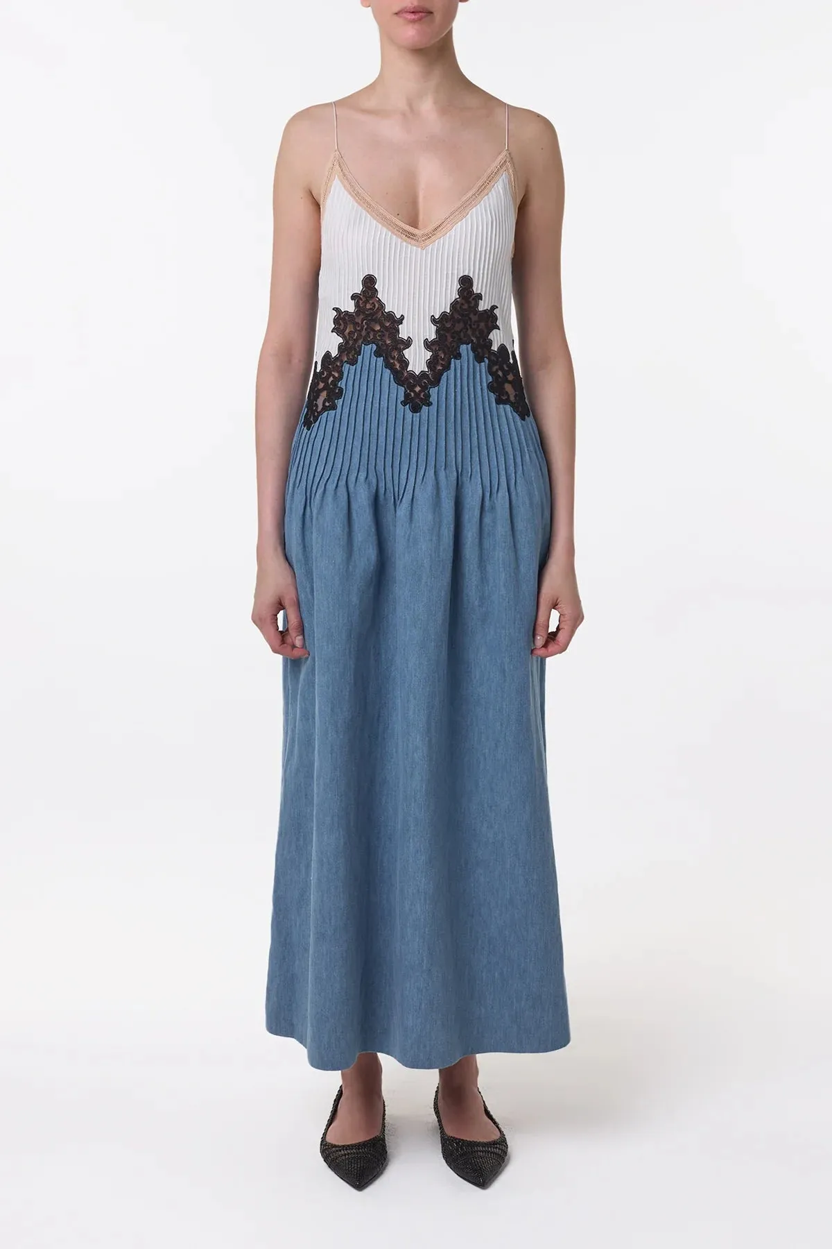 Althea Lace Slip Maxi Dress in Light Blue Recycled Cotton Linen Denim