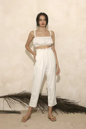 AMORA PANT SET Gathered Crop Top and Gartered Pant (White Silk)