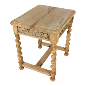 Antique French Carved Oak Barley Twist Side Table with Drawer