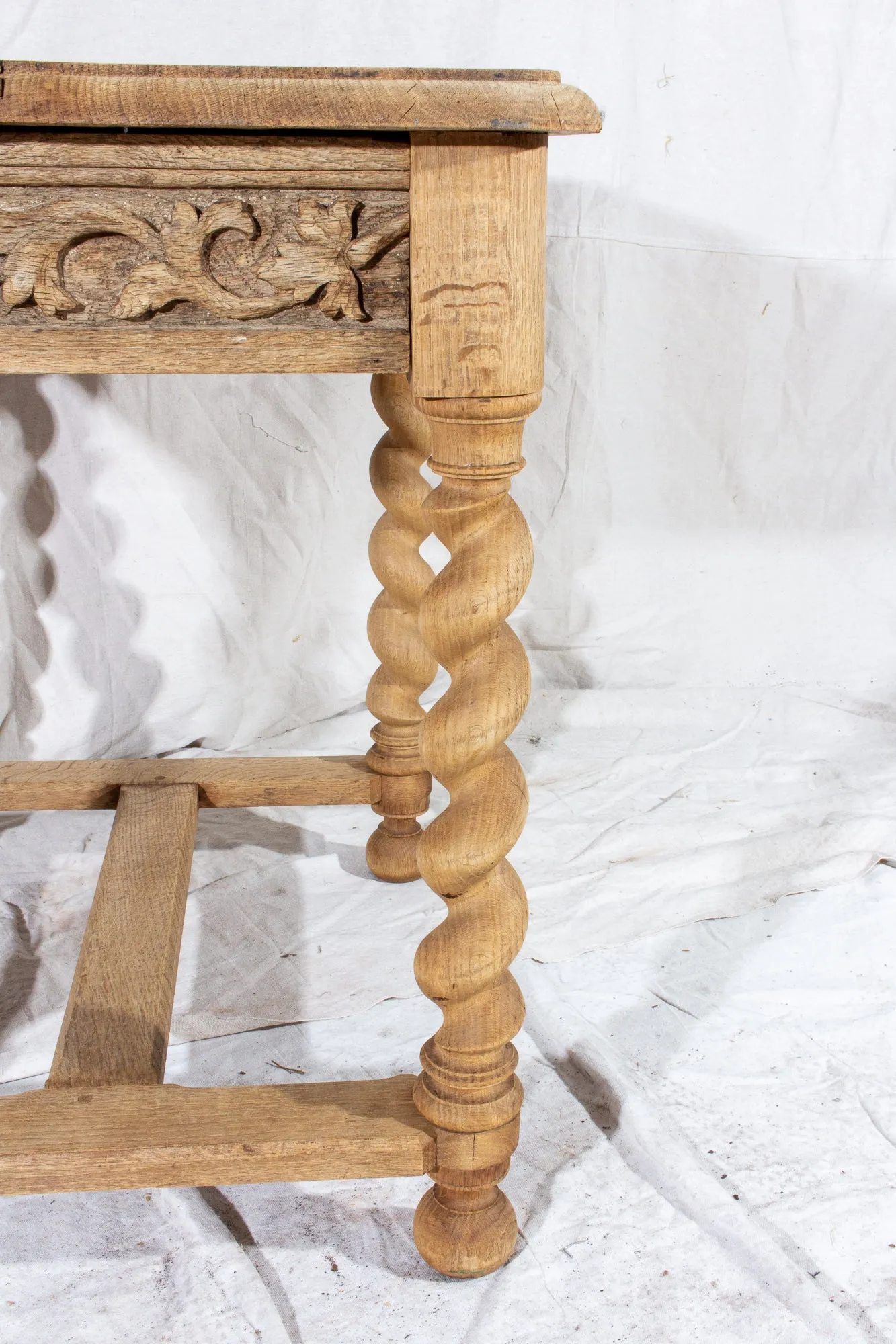 Antique French Carved Oak Barley Twist Side Table with Drawer