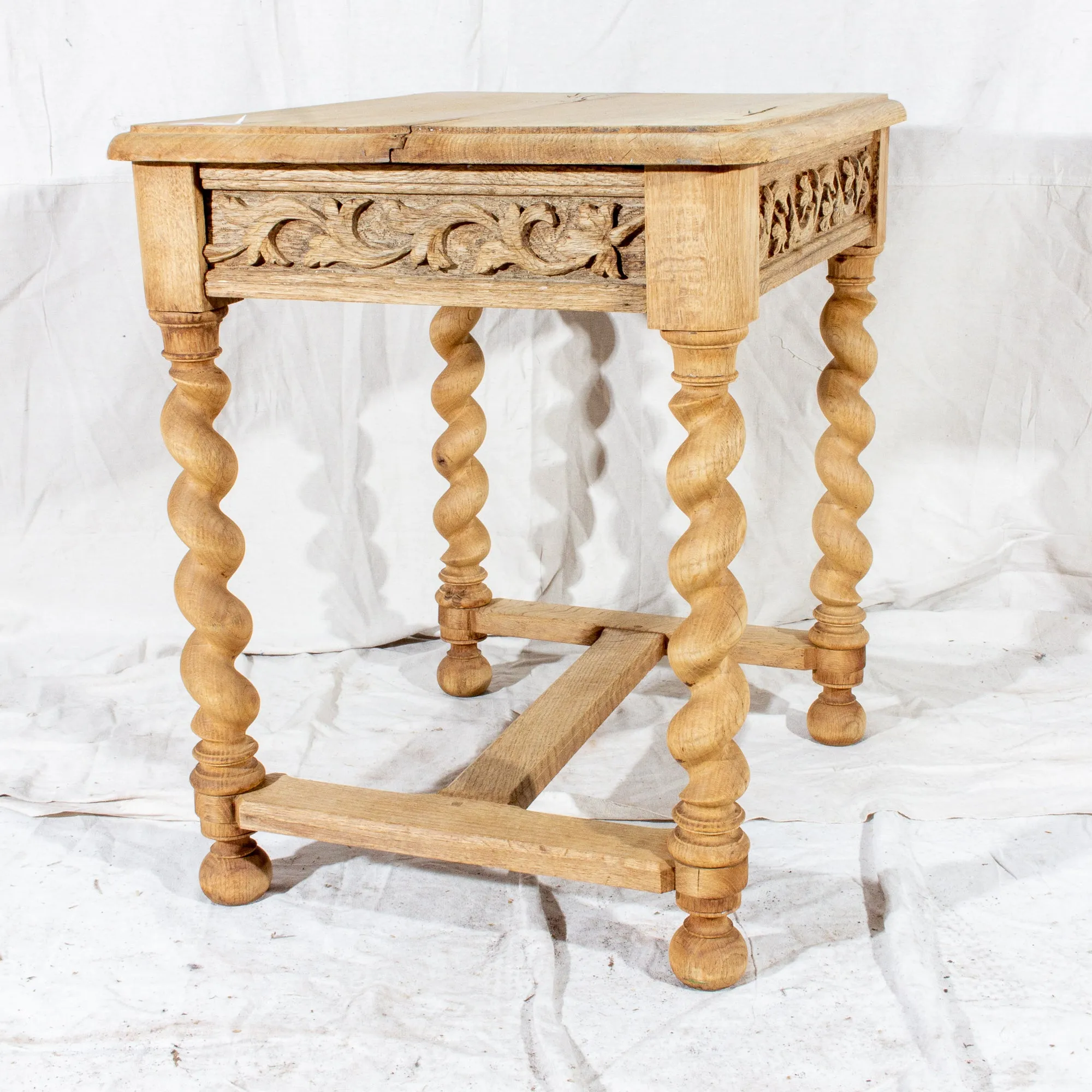 Antique French Carved Oak Barley Twist Side Table with Drawer