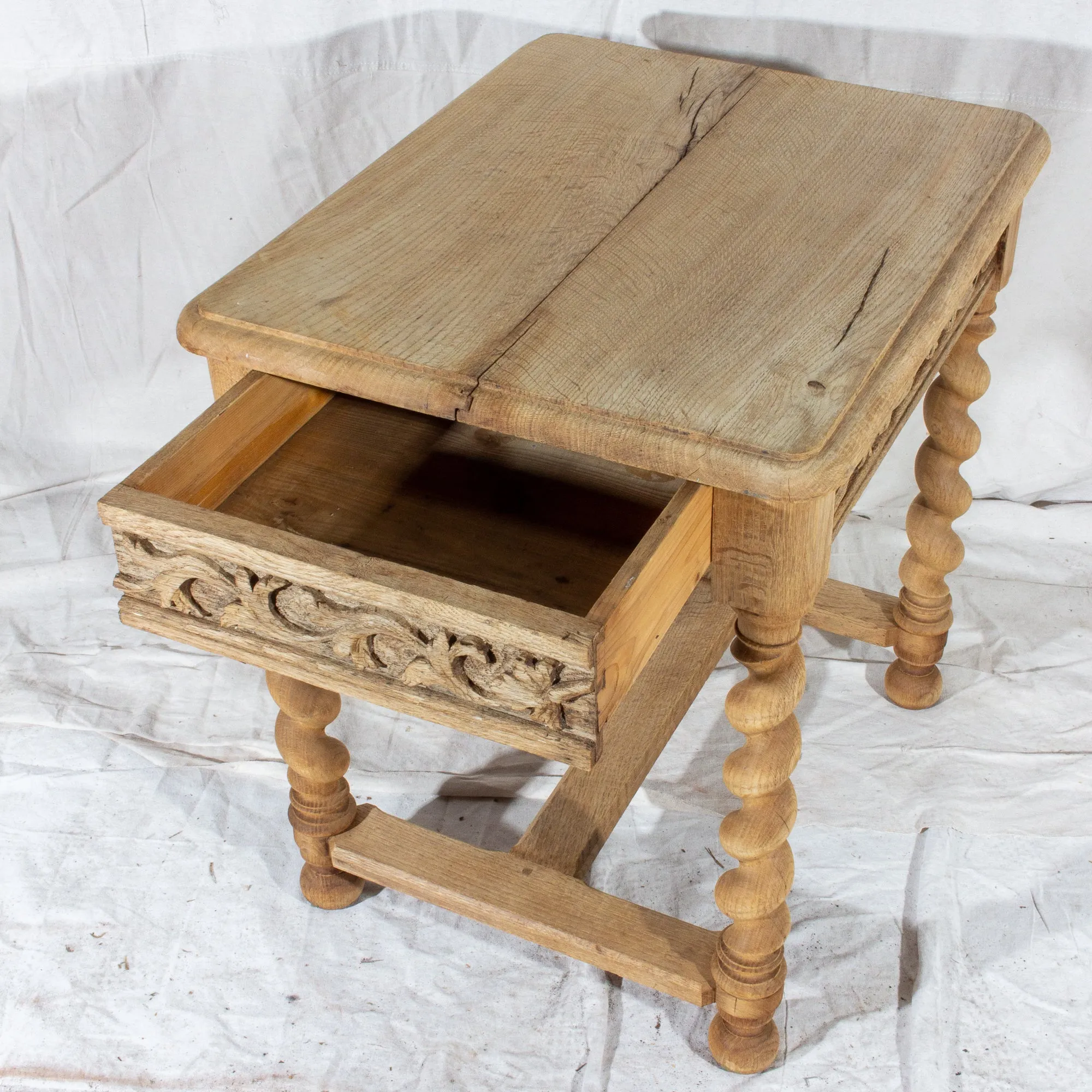 Antique French Carved Oak Barley Twist Side Table with Drawer