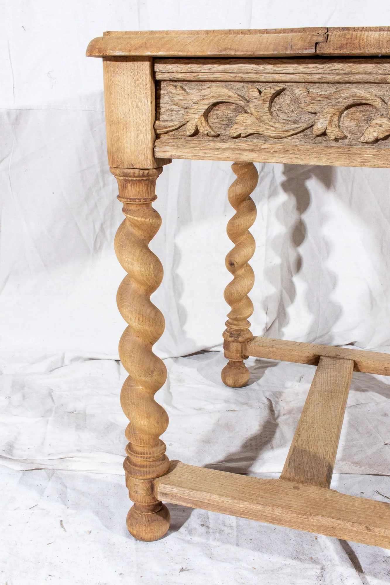 Antique French Carved Oak Barley Twist Side Table with Drawer