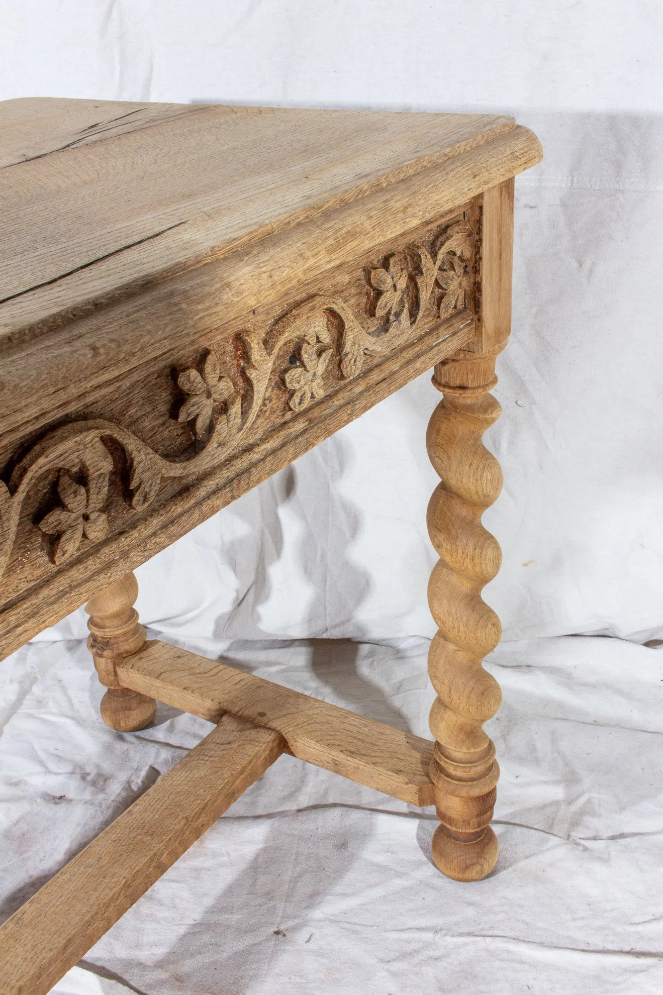 Antique French Carved Oak Barley Twist Side Table with Drawer