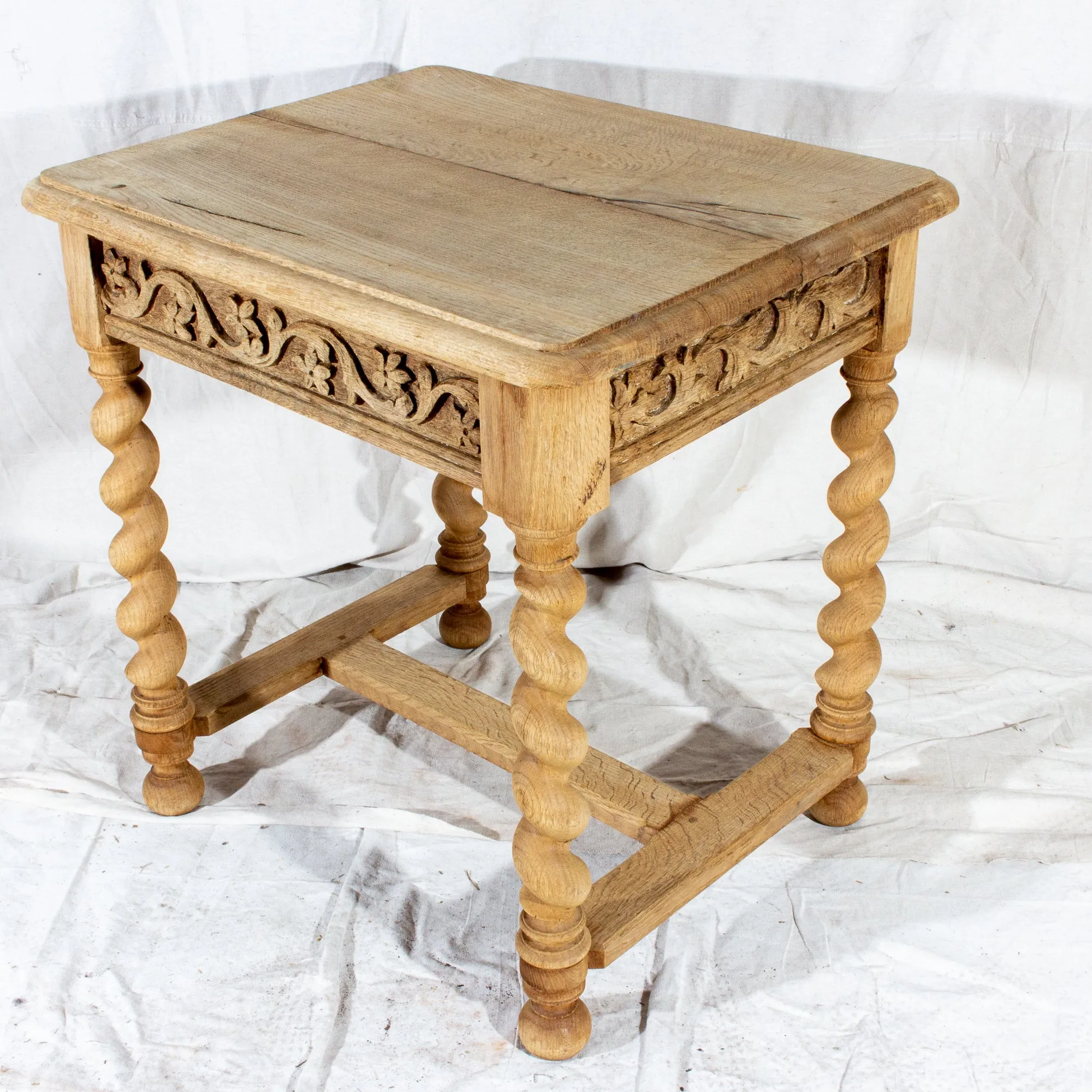 Antique French Carved Oak Barley Twist Side Table with Drawer