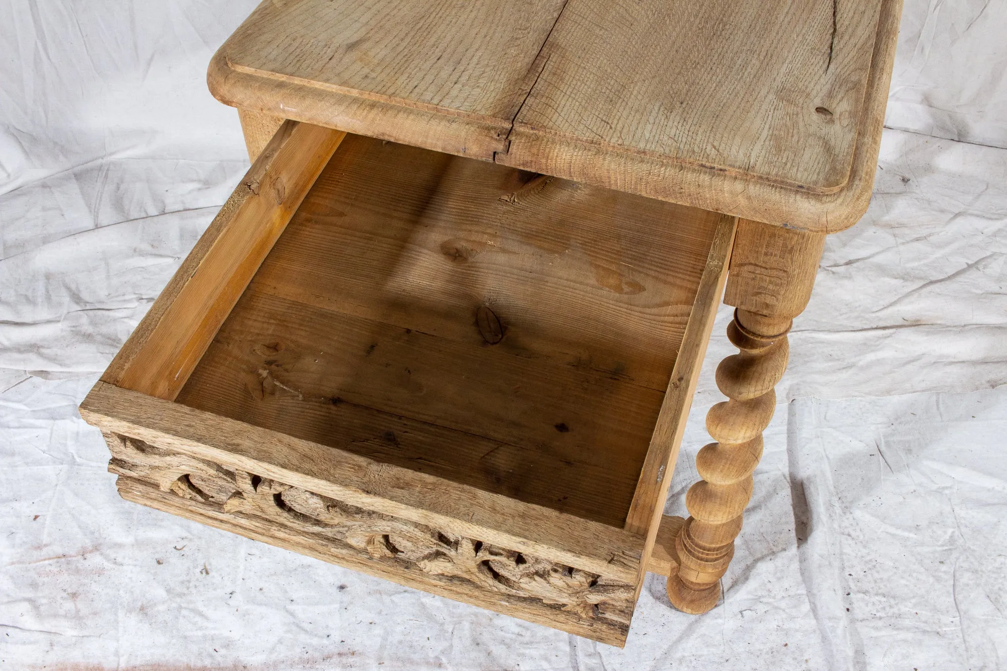 Antique French Carved Oak Barley Twist Side Table with Drawer