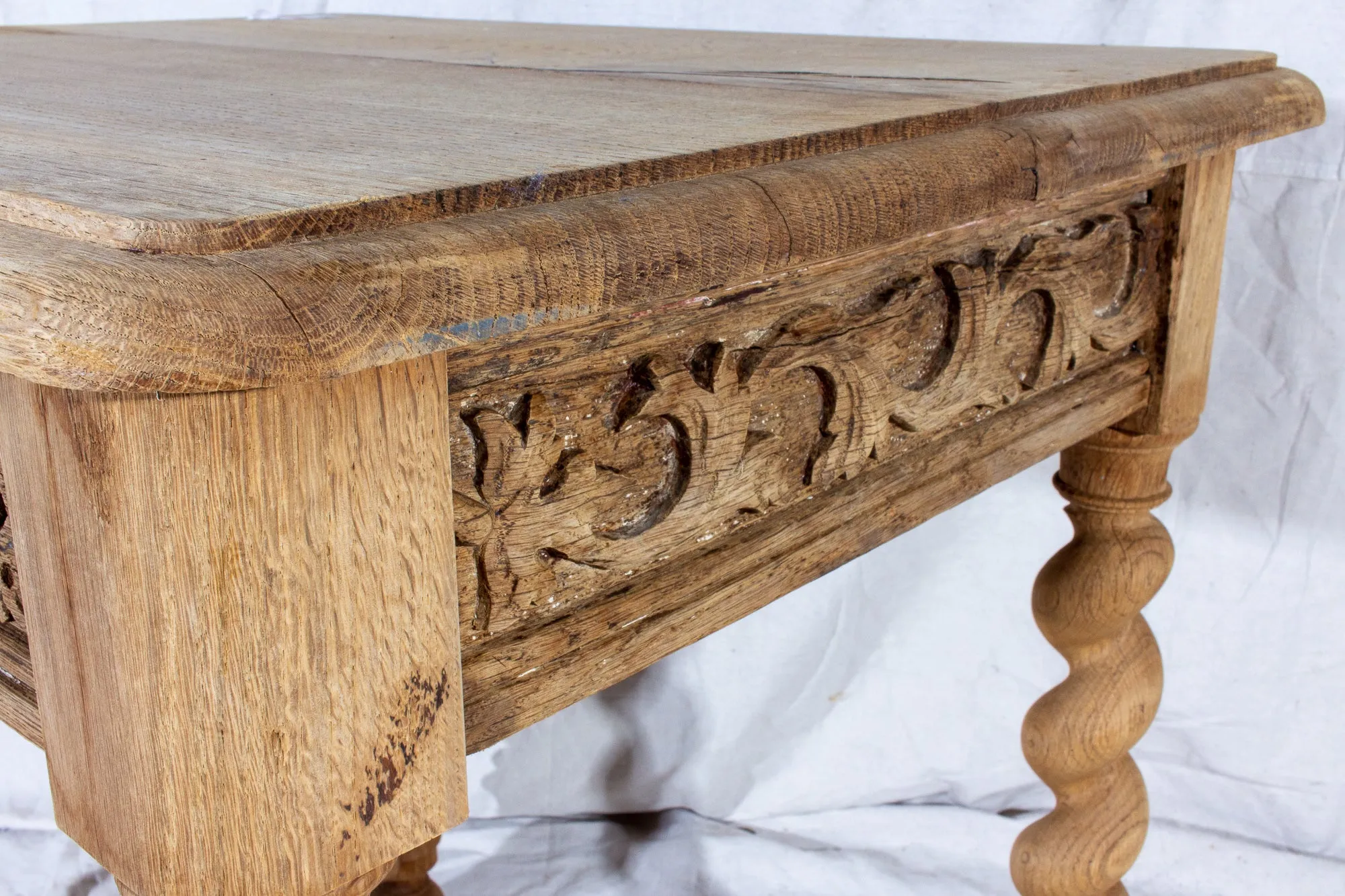 Antique French Carved Oak Barley Twist Side Table with Drawer