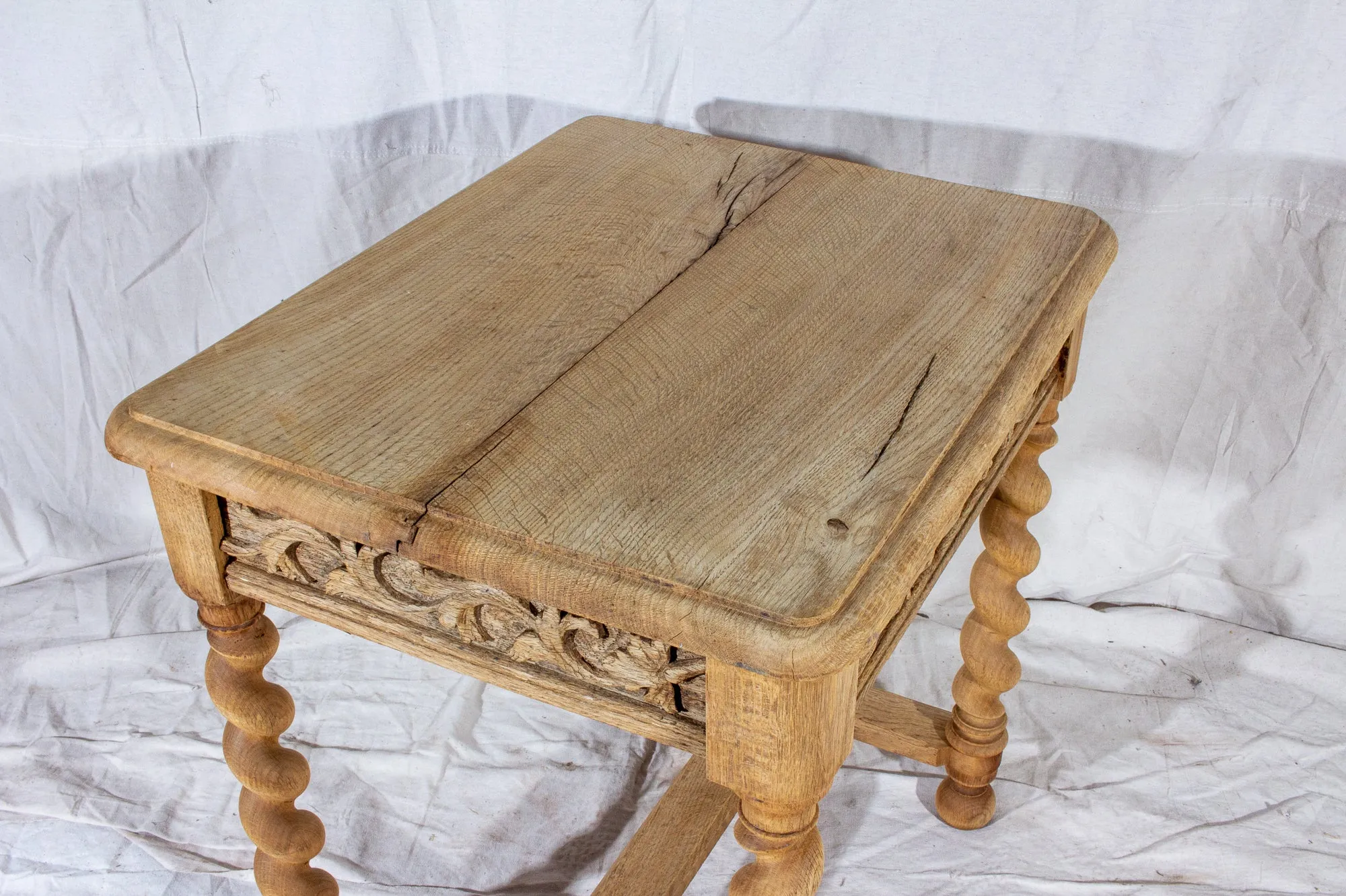 Antique French Carved Oak Barley Twist Side Table with Drawer