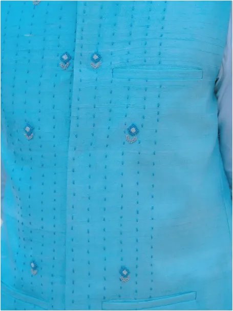 Aqua Blue Hand Embroidered Nehru Jacket with Dhoti & Kurta Set