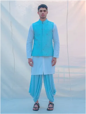 Aqua Blue Hand Embroidered Nehru Jacket with Dhoti & Kurta Set