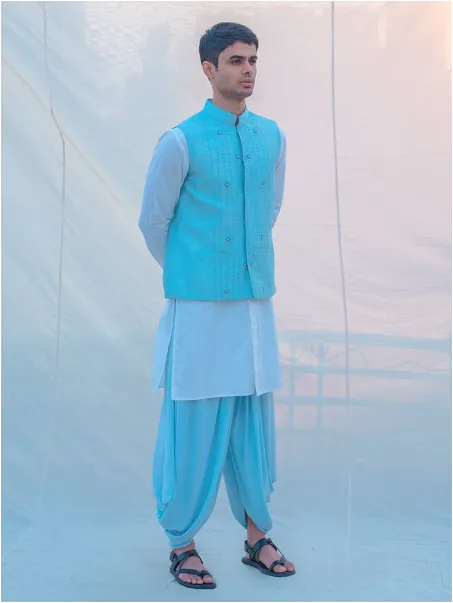 Aqua Blue Hand Embroidered Nehru Jacket with Dhoti & Kurta Set